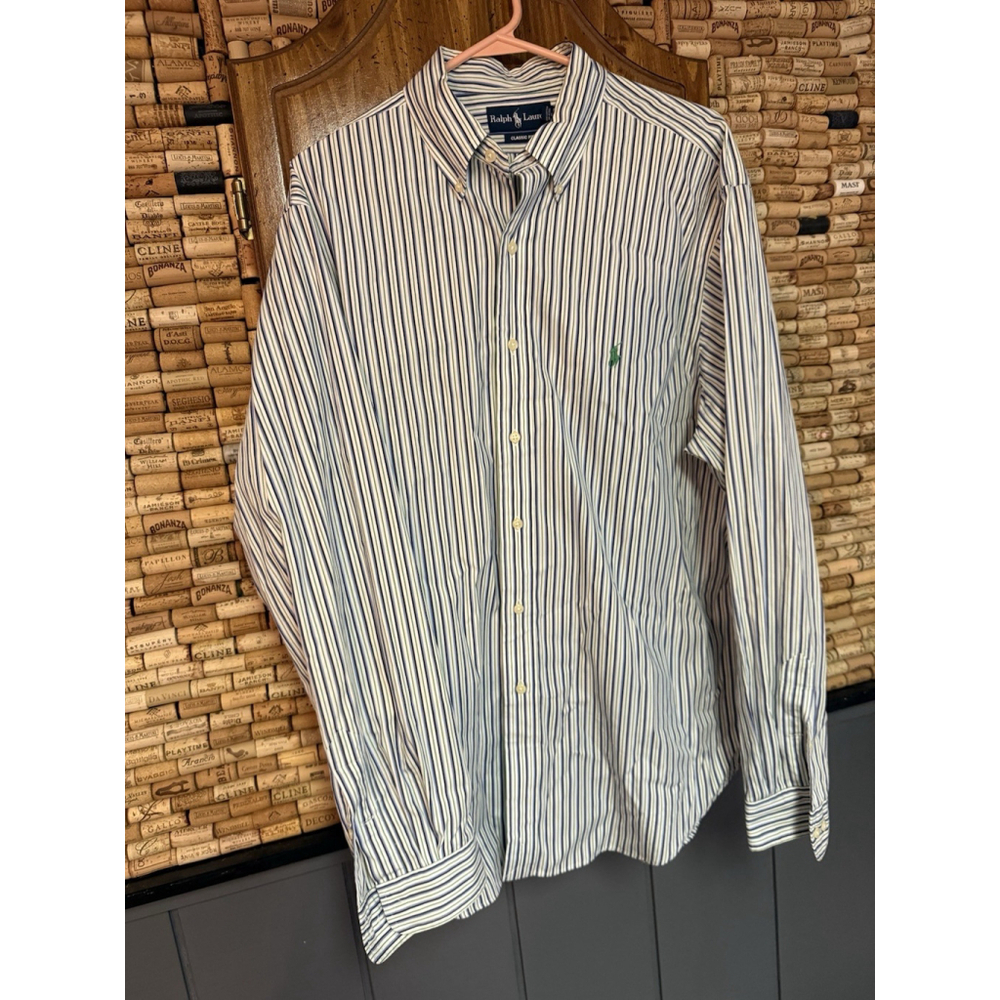 VTG Ralph Lauren MensButton Down Green and Blue Stripe Classic Fit logo 17 1/2